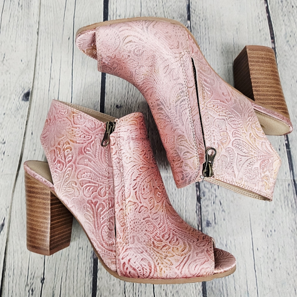 SBICCA | floral embossed peep toe zip stacked heel shoes